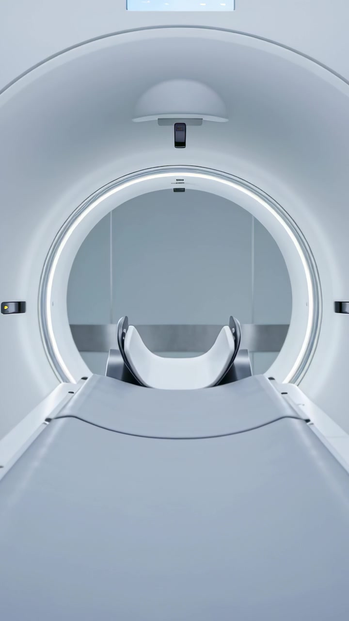 Video verticale: Spostamento del sensore che fa scivolare il lettino nel tunnel della risonanza magnetica in una sala di scansione, la bobina per la testa si allinea