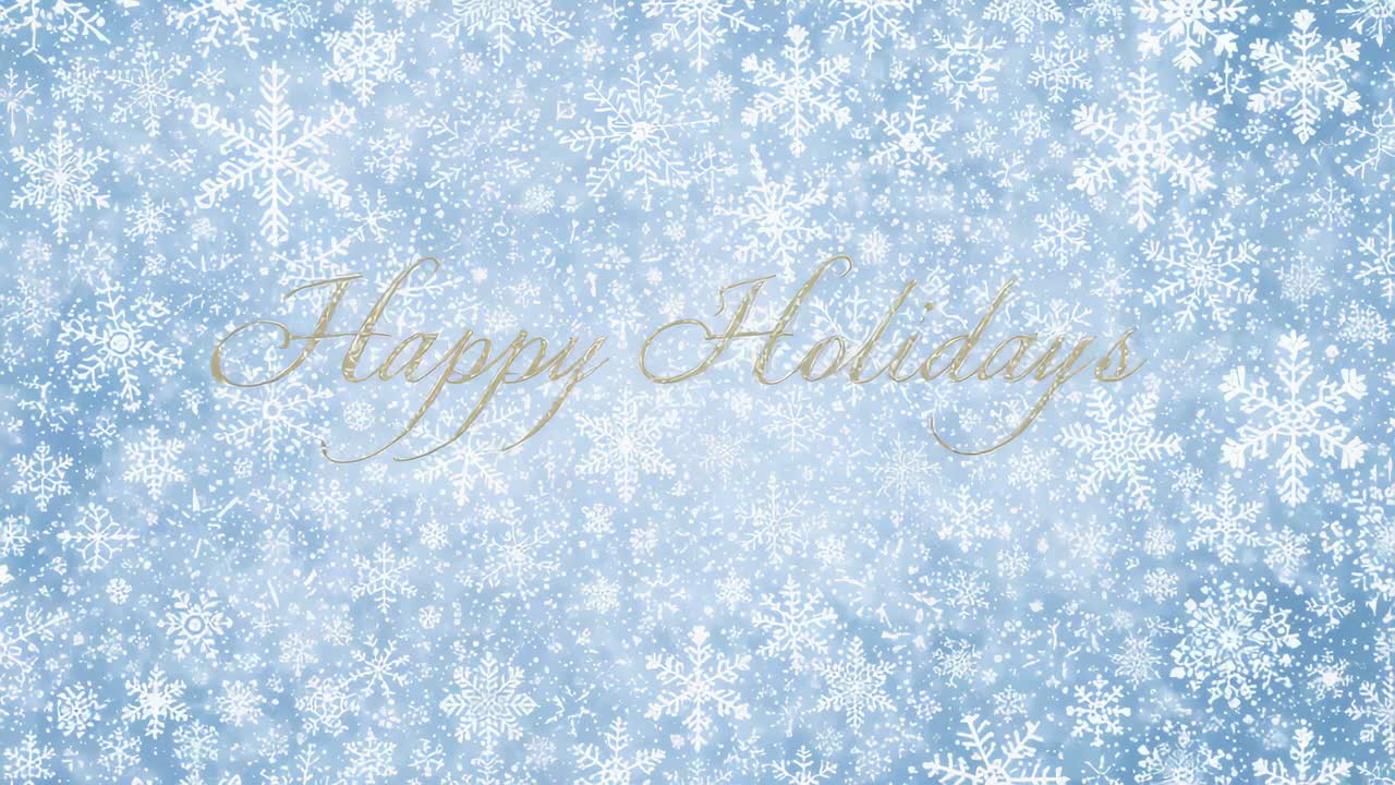 Starting playback, gold 'Happy Holidays' script shining with bokeh while snow drifting for greeting