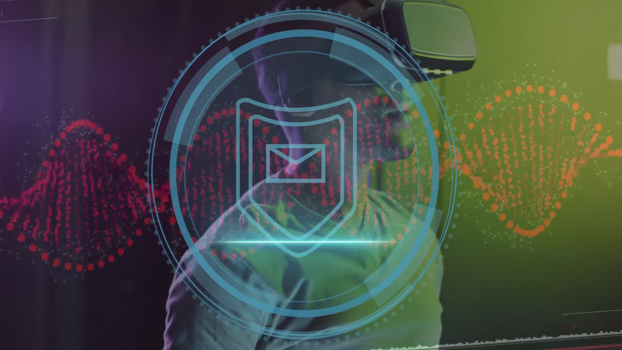 animación de procesamiento de datos sobre hombre afroamericano con auriculares vr