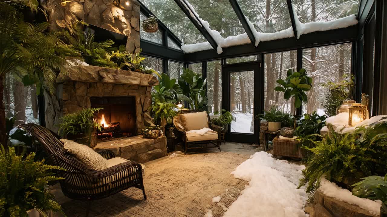 Cozy Winter Escape: A Serene Sunroom Retreat Surrounded by Snowy Wilderness, Complete with a Warm Fireplace and Lush Greenery, Perfect for Relaxation and Enjoying Nature's Beauty