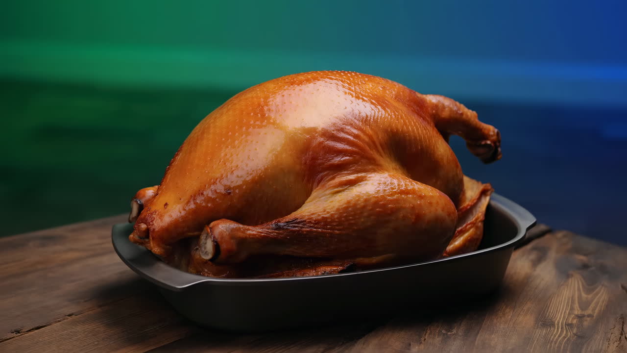 Golden Brown Roasted Turkey in Roasting Pan on Wooden Table