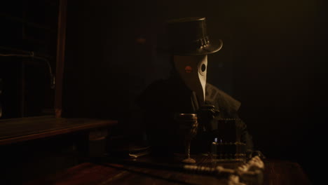 plague doctor in a dark room