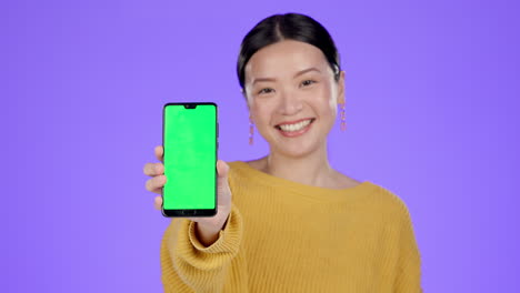 asian woman, phone and green screen mockup