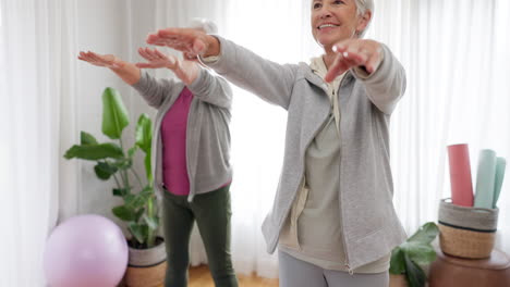 Fitness,-yoga-and-senior-woman-friends-in-a-home