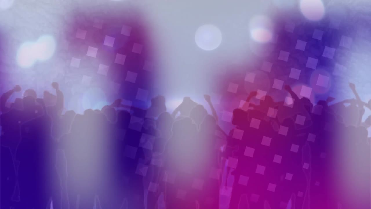 animación de cuadrados rojos y blancos sobre la multitud bailando con humo gris