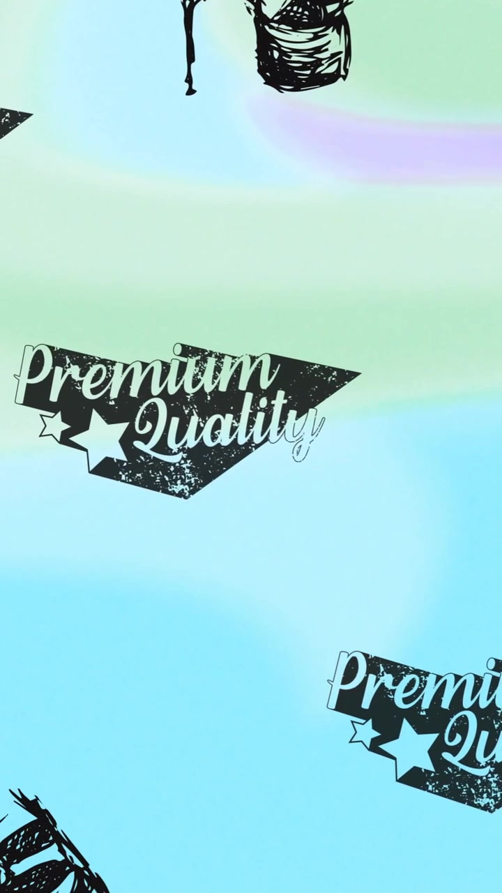 Animation af sorte sko og tekster med premium kvalitet på farverig baggrund.