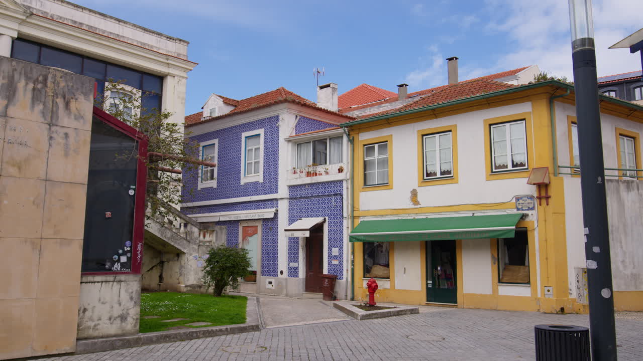 Colorful Facade Of Typical Architecture In The Old Town Of Aveiro, Portugal. Static Shot