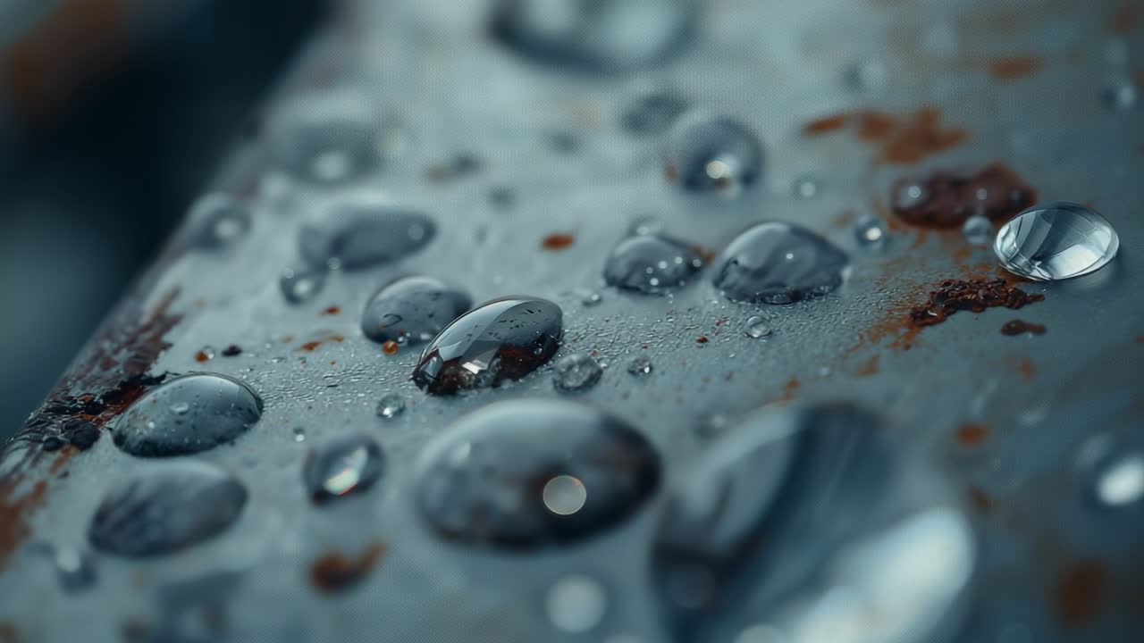 Shifting camera focus revealing middle water droplets on rusted metal panel showing moisture detail
