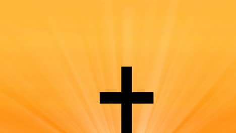 animation of christian cross over sun rays on orange and yellow background