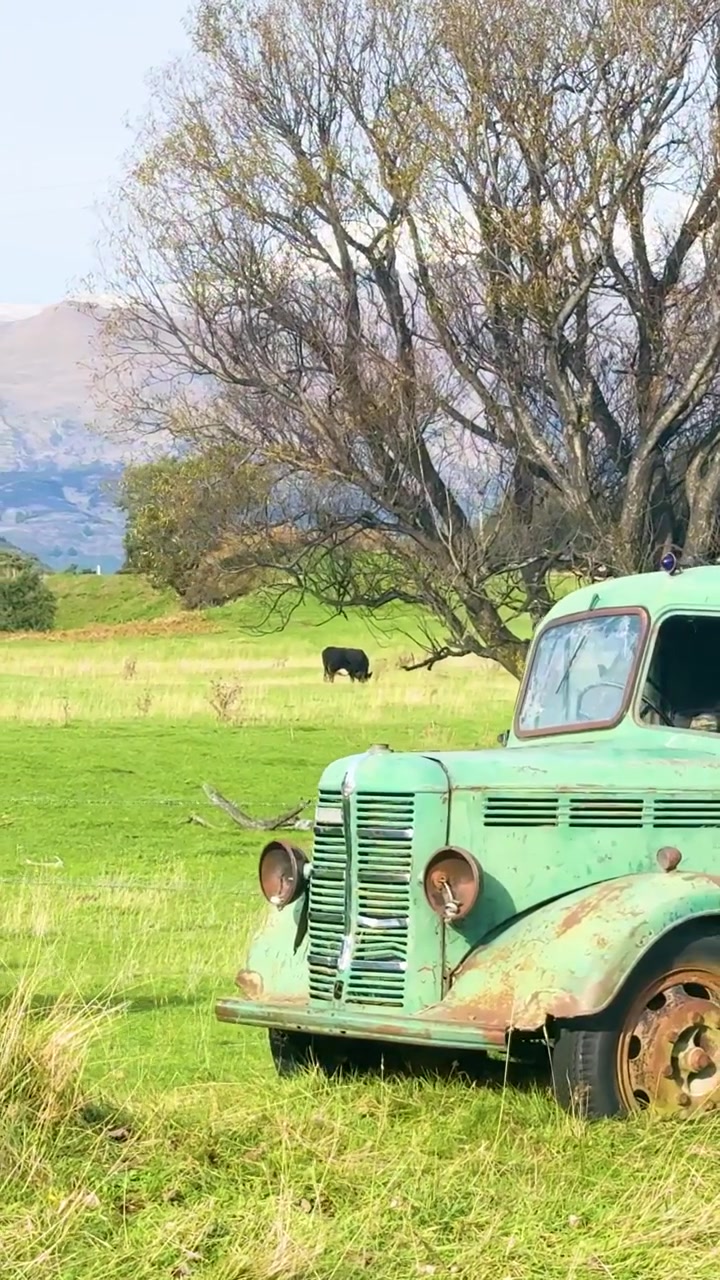Ein verwitterter antiker grüner Lastwagen steht verlassen auf einer üppigen Wiese mit Bergen im Hintergrund.
