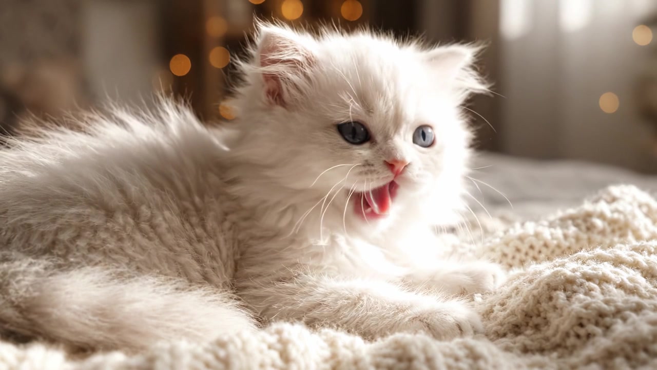 Anak Kucing Putih Berbulu Halus yang Lucu Bermain dan Menguap di Atas Selimut Rajut yang Nyaman, Dikelilingi Pencahayaan Lembut dan Suasana Hangat