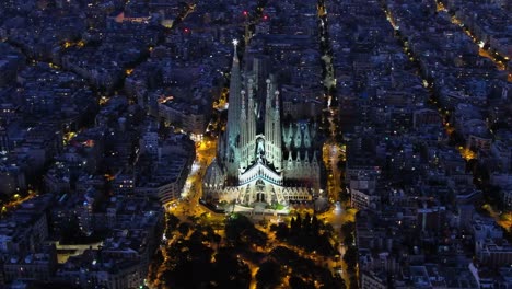 aerial view of barcelona eixample residential district and famous basilica sagrada familia during blue hour. catalonia, spain