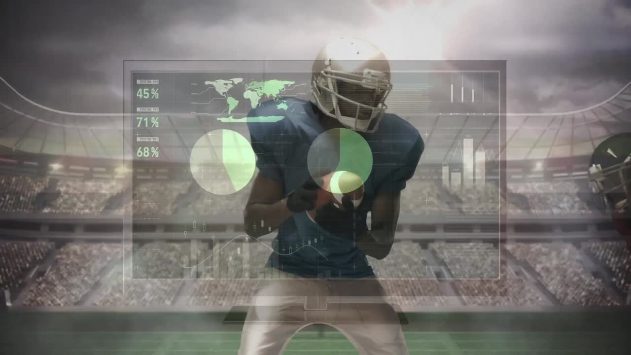 Animazione di elaborazione dati su un giocatore di football americano