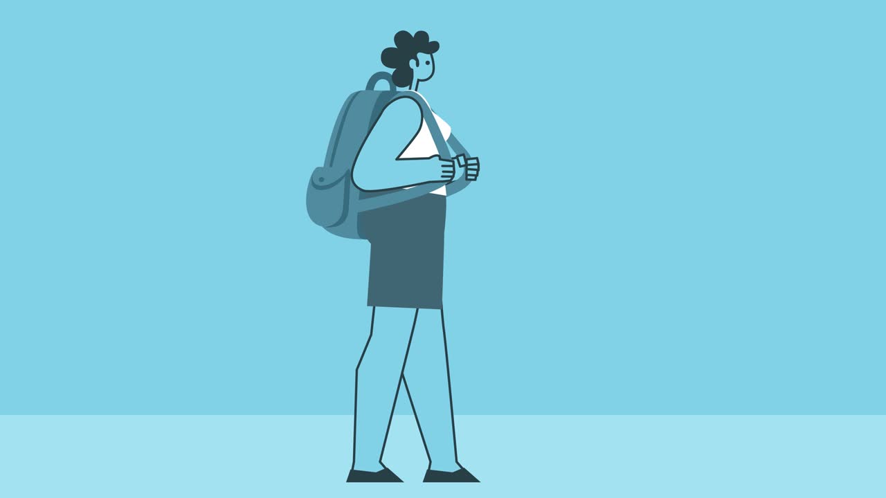 Cartoon Woman Walking with Backpack. Flat Design 2d Character Isolated Loop Animation with Alpha Channel