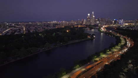 aerial view of the philadelphia skyline at night. shot along the schuylkill river