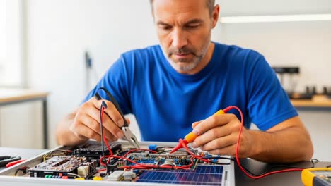 a technician methodically assembles electronic components on a circuit board, utilizing precision tools for testing and connection in a bright work environment