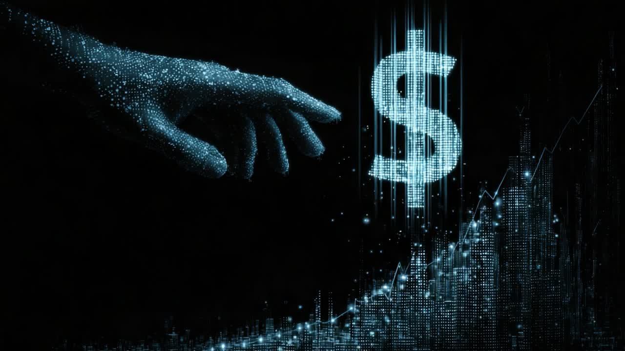 A Digital Representation of Financial Growth: An Abstract Hand Reaches Toward a Glowing Dollar Sign Amidst Ascending Graph Lines in a High-Tech Environment