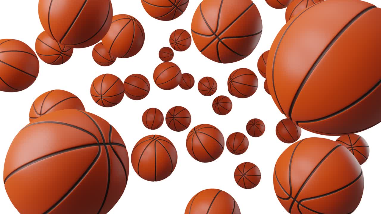 색 배경에 많은 농구 공이 있습니다.
