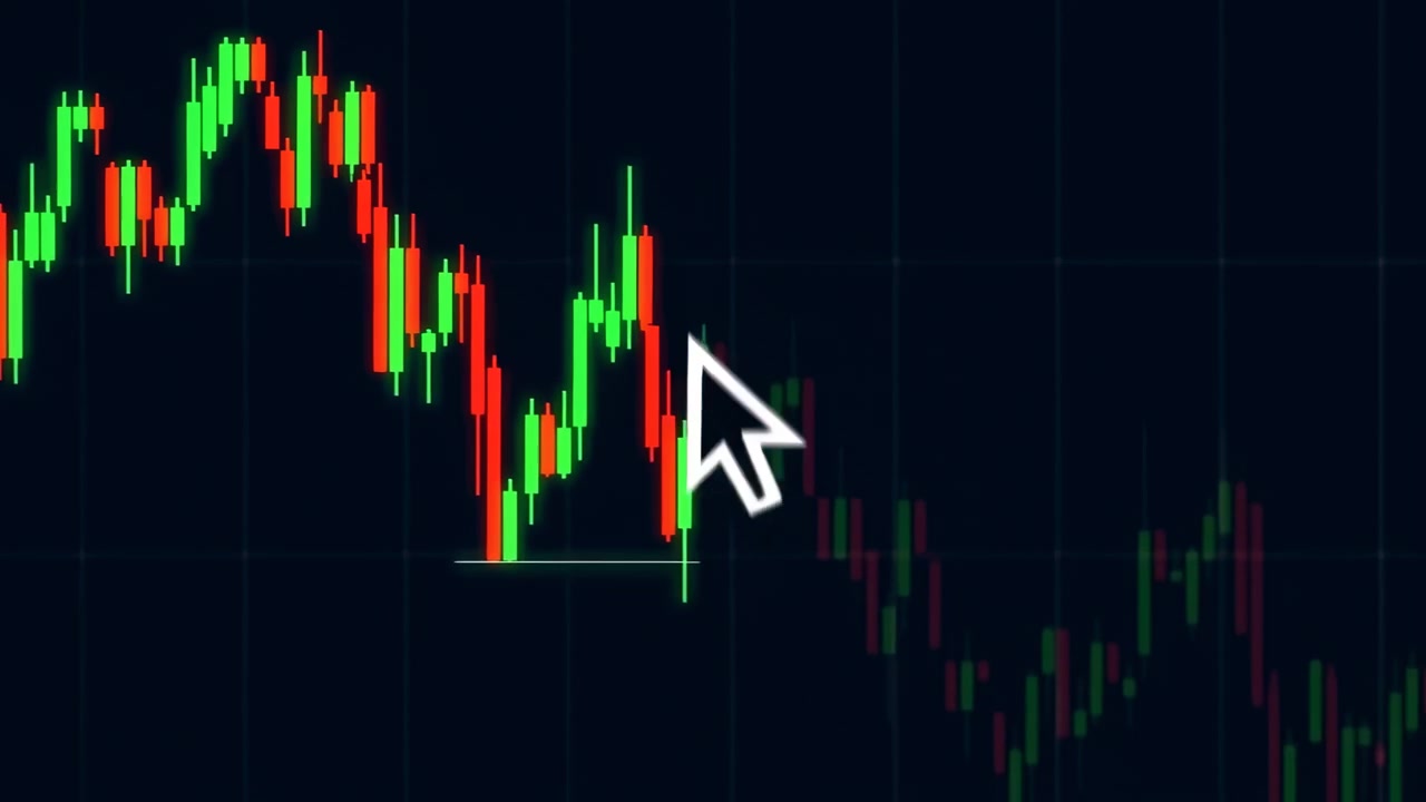 White cursor hovers over candlestick cluster near support line on dark navy trading screen, highlighting brief green wick after red decline and signaling focused market review, price analysis, and