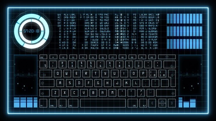 2D HUD display with a digital keyboard, random matrix text, digits, level bars, rotating and flickering circle bar elements