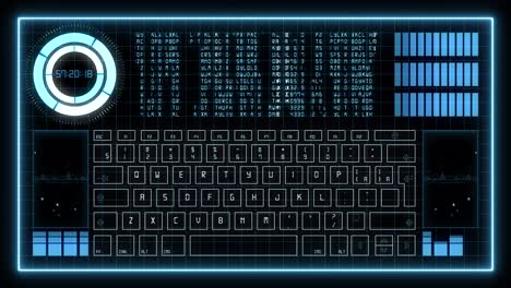 pantalla hud 2d con teclado digital, texto de matriz aleatoria, dígitos, barras de nivel, elementos de barra de círculo giratorios y parpadeantes