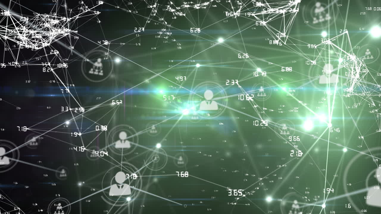 어두운 배경 위에 연결 네트워크와 아이콘의 애니메이션