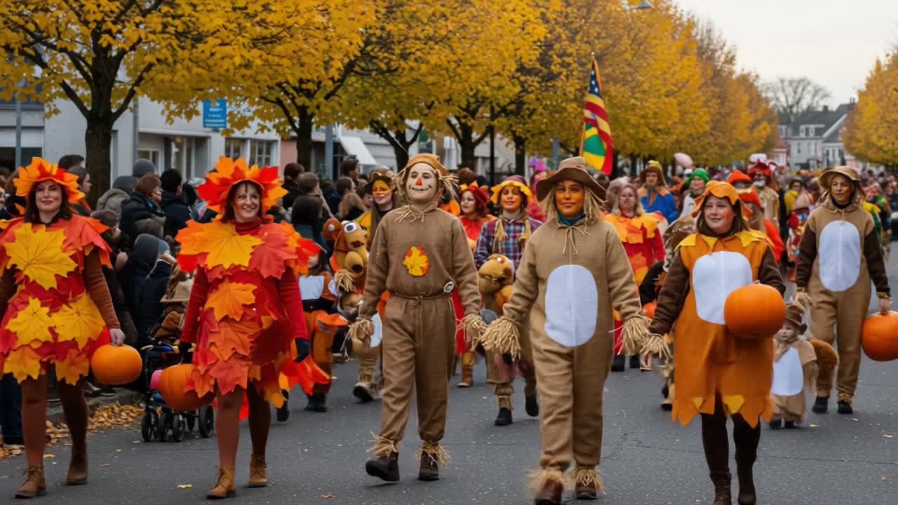 People in Autumn and Fall-Themed Costumes Participating in a Parade