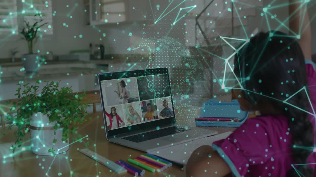 Girl powering laptop joining remote lesson, watching mesh tracing globe emphasizing connection