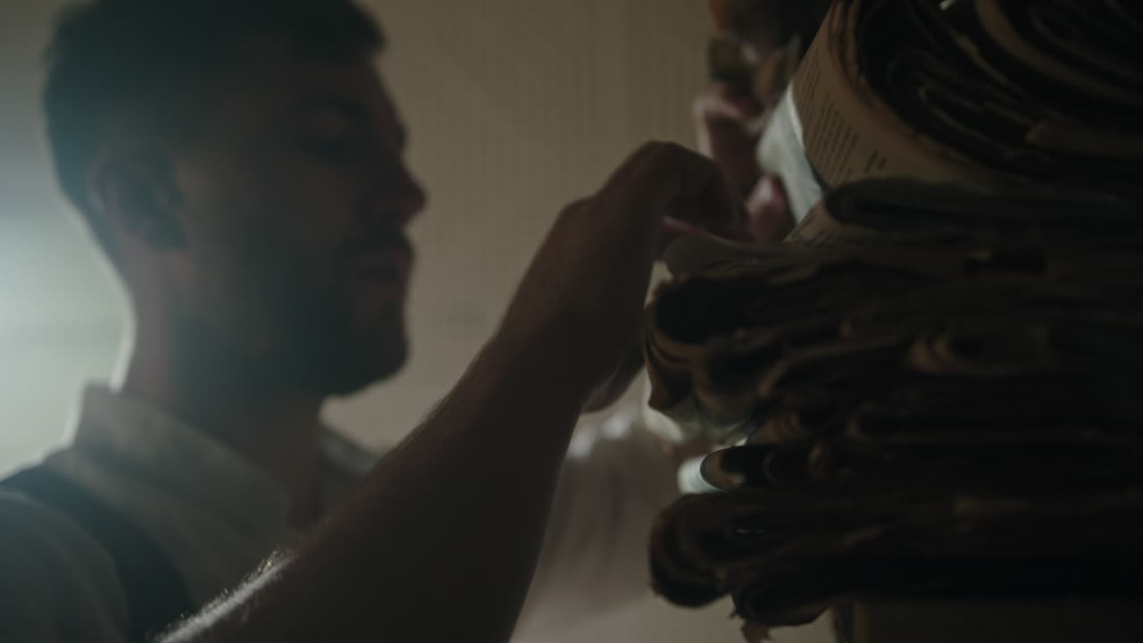 신문을 찾는 남성 수사 형사, 수사에 대한 증거가 필요합니다, 복용 부서 아카이브, 분위기, 레트로