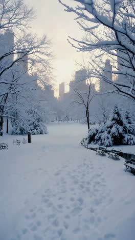 snowy city park at sunrise