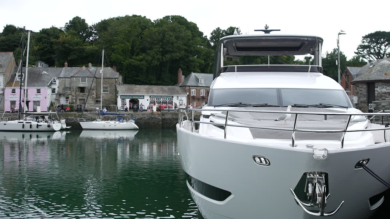 A yacht moored near the waterfront shows multiple seagulls resting on deck rails, with visitors and storefronts visible along the harbor in Padstow, Cornwall, England