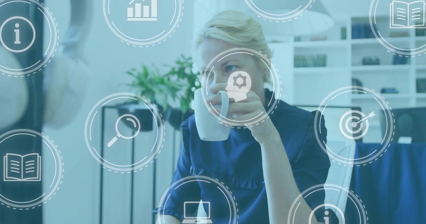 Professional lifting coffee mug, sipping while scanning transparent business icons before focusing