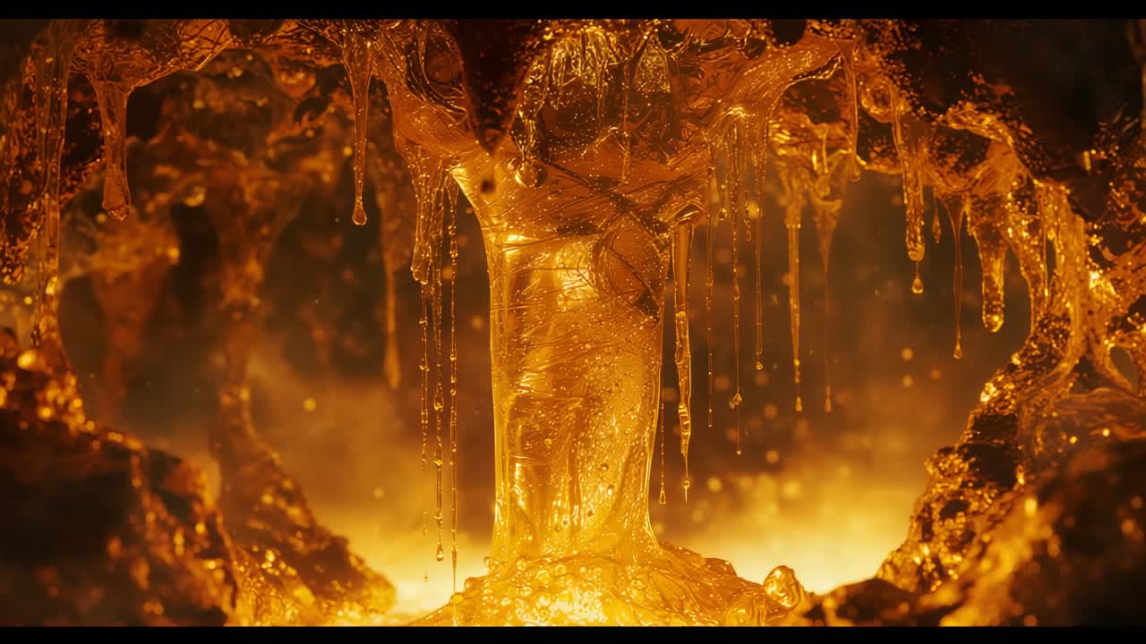 Cascading molten metal column thickening, forming hanging drips falling into pool amid smelter slag