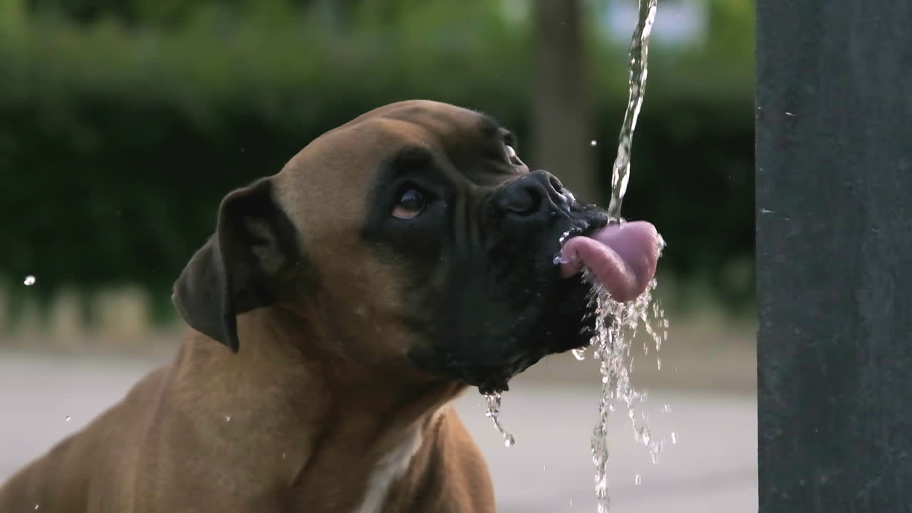 Dog drinking water from park water fountain stream - slowmotion 240 fps