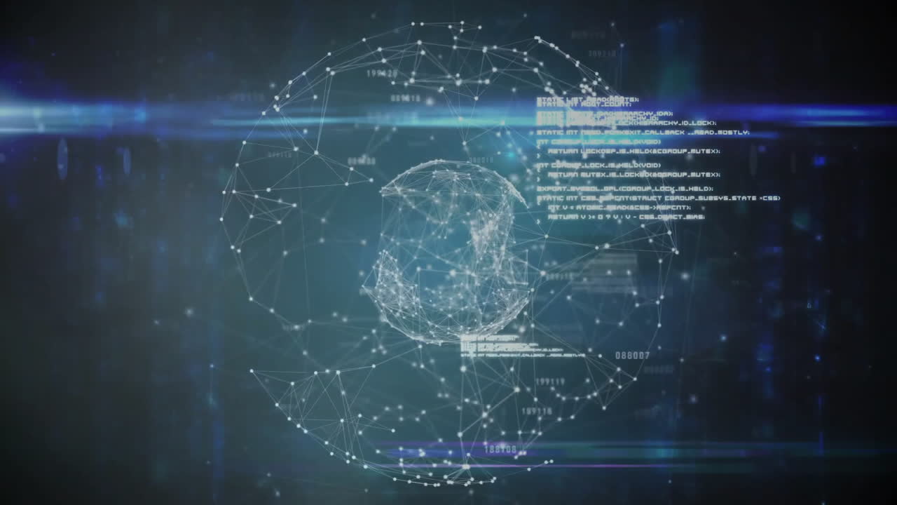 nodos interconectados y animación de procesamiento de datos sobre fondo digital con globo