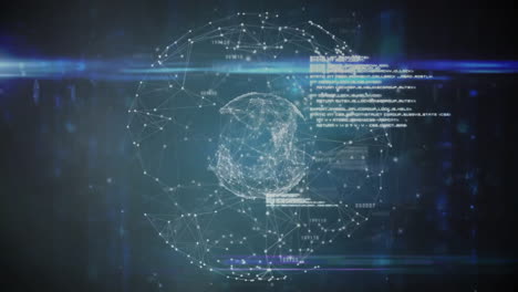 interconnected nodes and data processing animation over digital background with globe