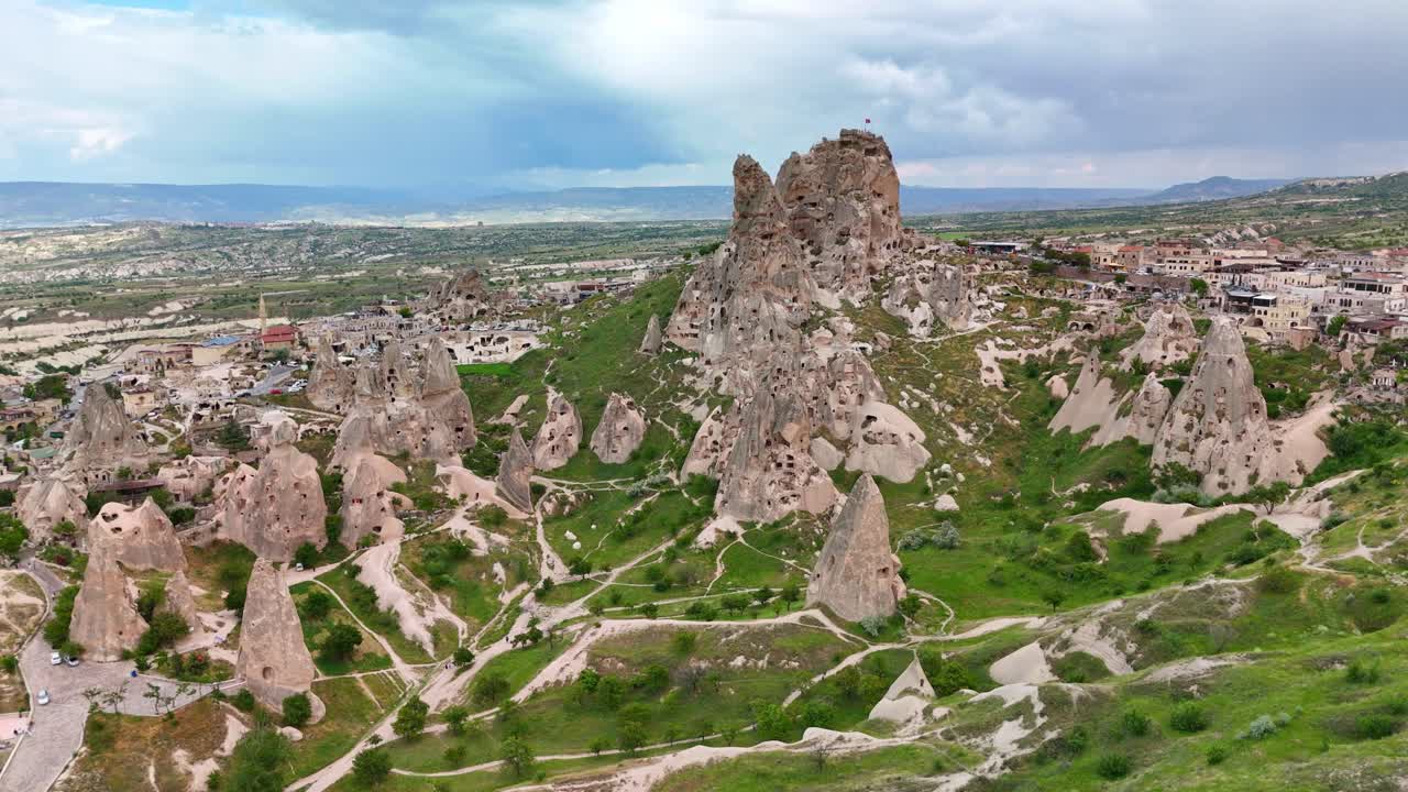 Scenic aerial view of Cappadocia's iconic fairy chimneys in Turkey
