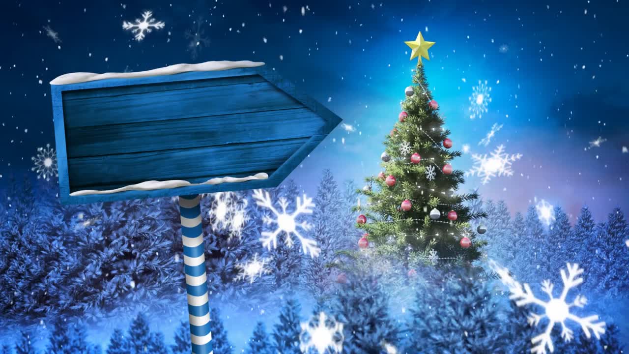 눈이 내리고 나무 표지판