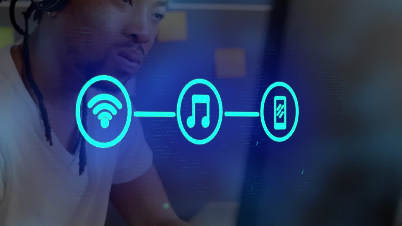 Animazione di una rete di connessioni con icone su un uomo d'affari birazziale