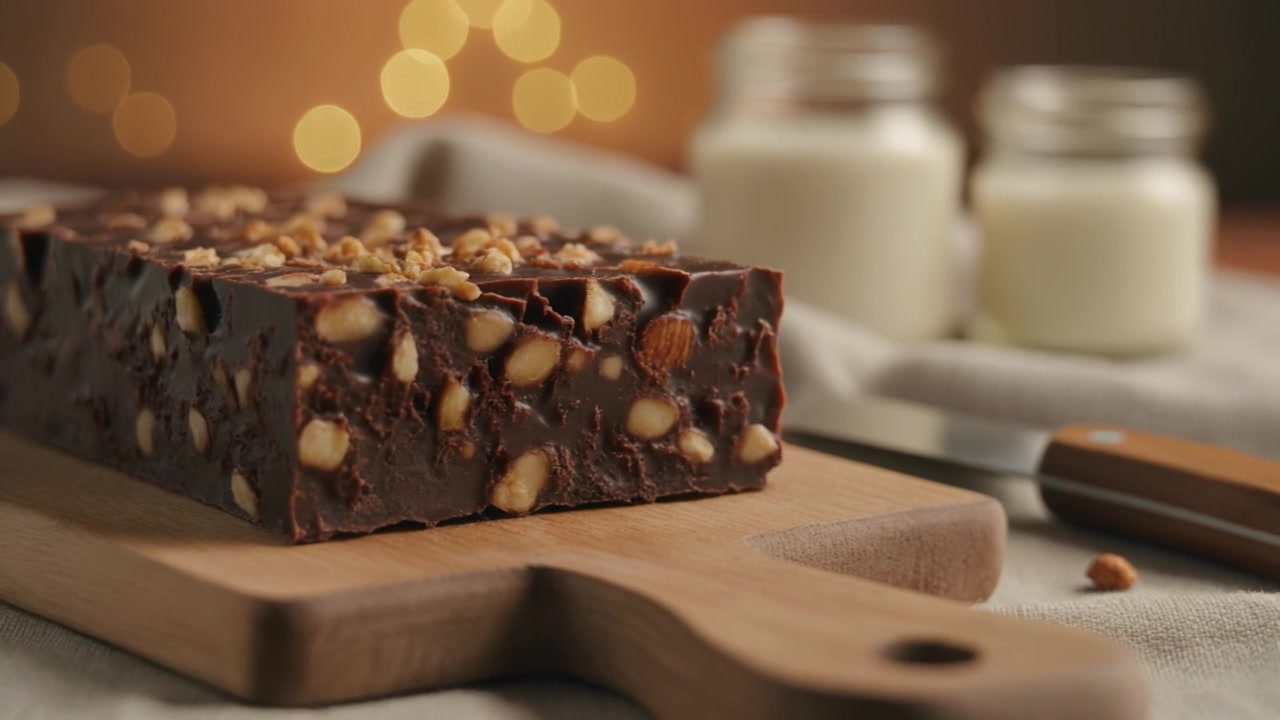 Block of Dark Chocolate with Almonds on a Wooden Cutting Board