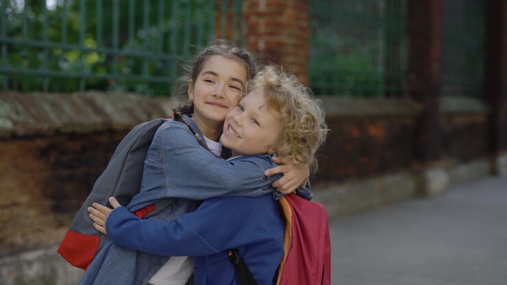 Children Hugging Outside School