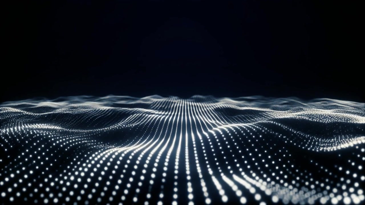 Abstract Digital Wave of Glowing White Particles on Black Background
