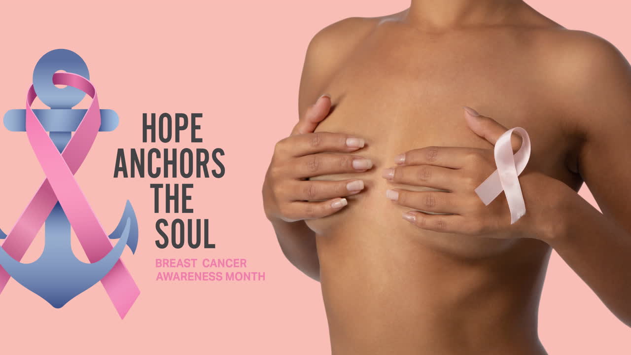 Animation of pink ribbon anchor logo with breast cancer text over women covering the breast