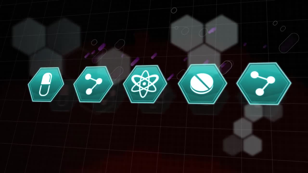 검은 바탕에 보라색 빛의 흔적에 대항하여 여러 의료 아이콘의 디지털 애니메이션