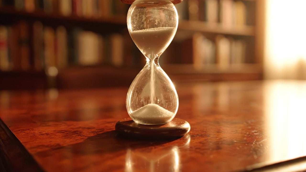 An hourglass sits gracefully on a polished wooden table in a warmly lit library, symbolizing the passage of time and the beauty of mindful contemplation.