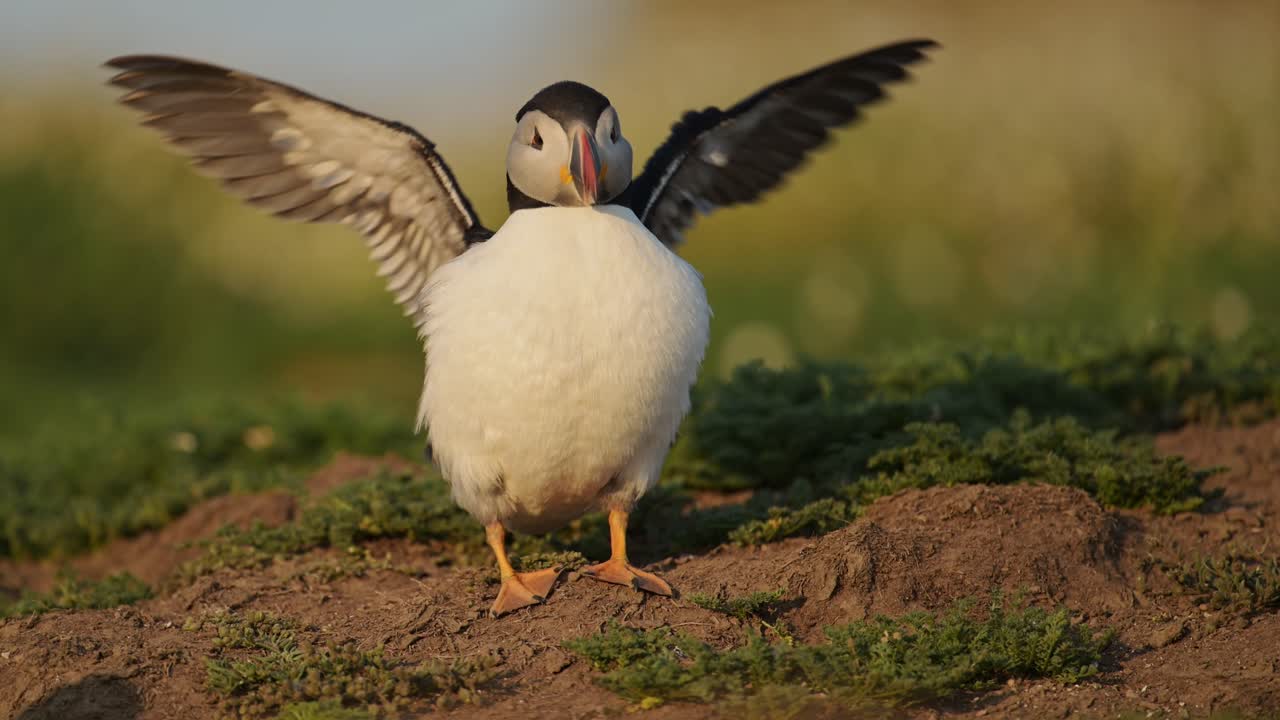 Slow Motion Puffin Flapping Wings, Atlantic Puffin Bird Behavior Drying its Wings with its Wings Out Showing Animal Bird Behaviour on Skomer Island in Wales, UK Birds and Wildlife