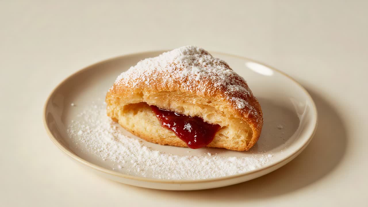 Zooming camera pushing in on triangle jam pastry on plate, highlighting powdered sugar and layers