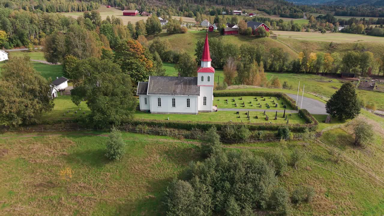 Komnes church in Norway. zooming out drone footage