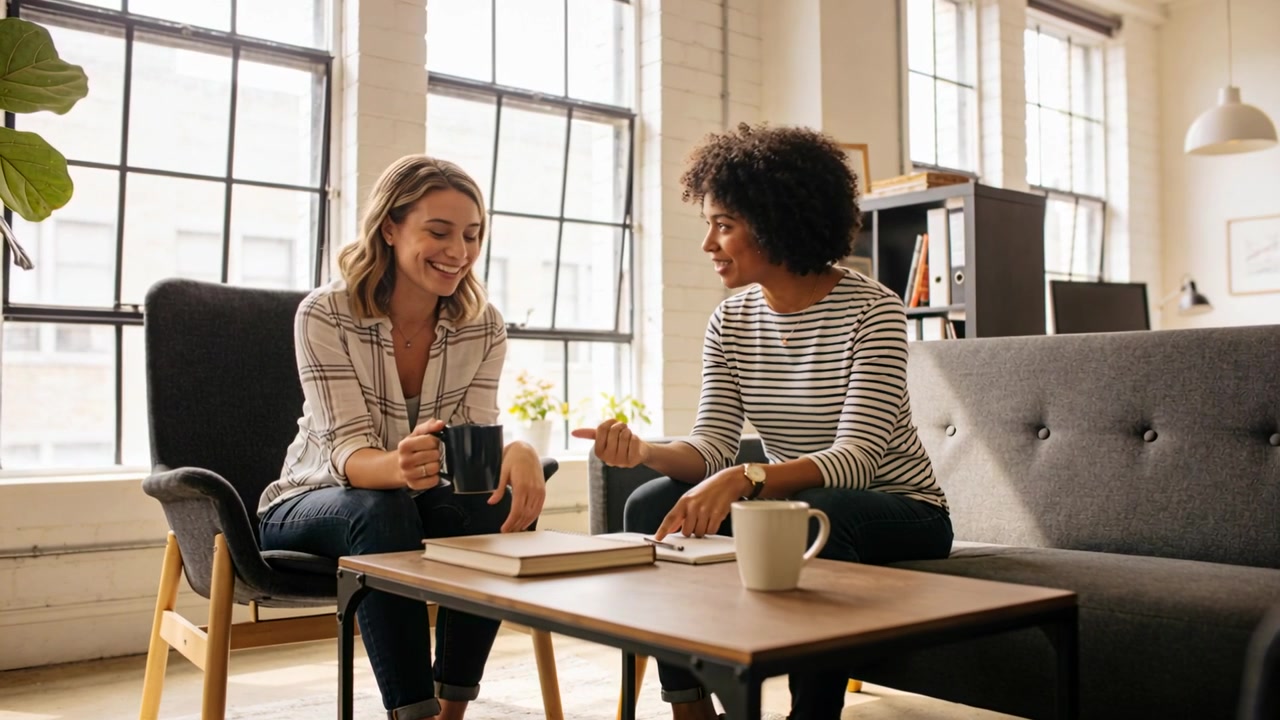 Holding mugs and starting chat two women gesturing, laughing in office lounge plaid top striped top
