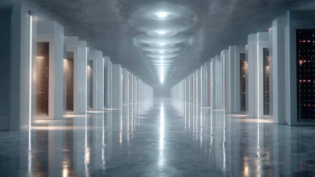 A Futuristic Data Center Corridor: Glowing Lights and High-Tech Infrastructure Create a Sleek, Modern Environment for Digital Storage and Connectivity